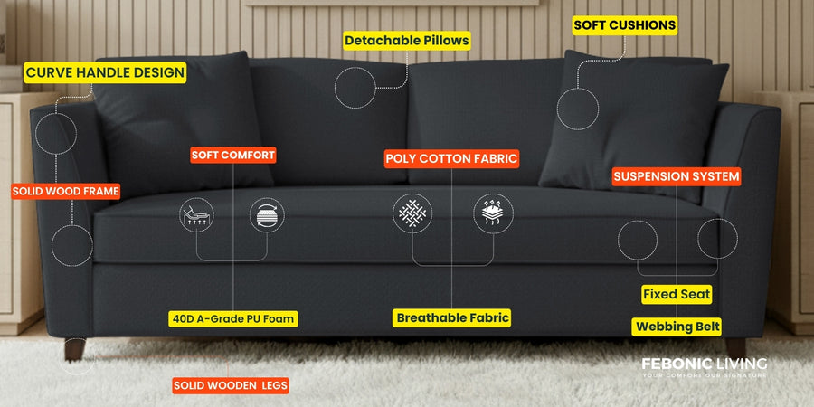 Miranda Fabric 3 Seater Sofa In Ivory Cream Colour - Febonic Living