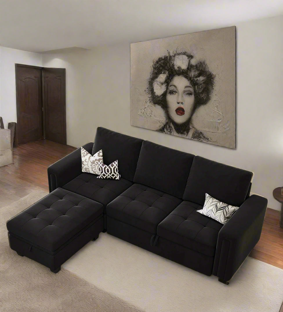 Miro Velvet 3 Seater Pull Out Sofa Cum Bed With Storage Ottoman In Adam Black Colour