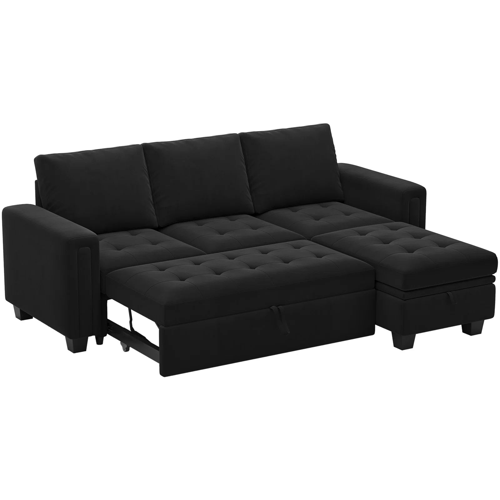 Miro Velvet 3 Seater Pull Out Sofa Cum Bed With Storage Ottoman In Adam Black Colour