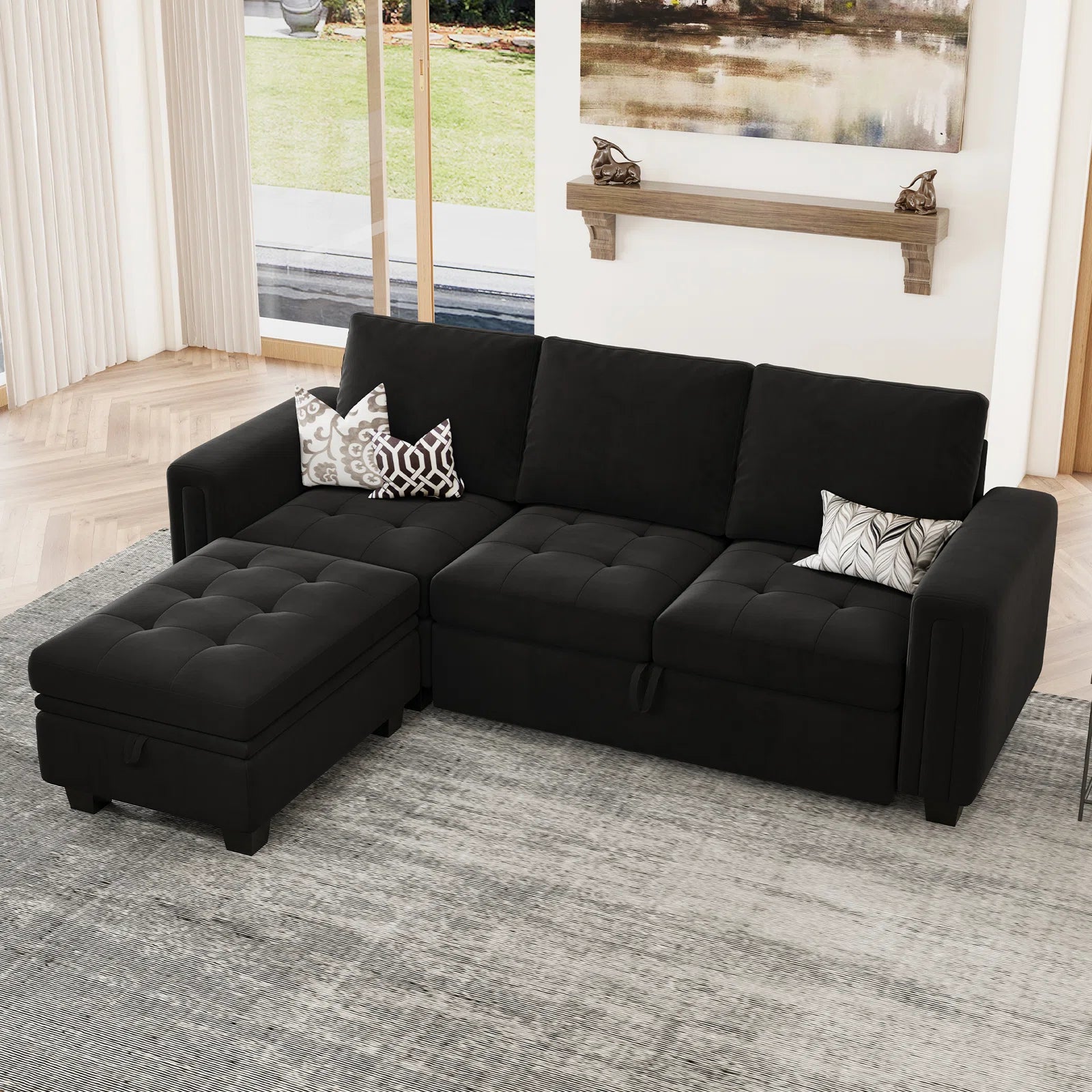 Miro Velvet 3 Seater Pull Out Sofa Cum Bed With Storage Ottoman In Adam Black Colour