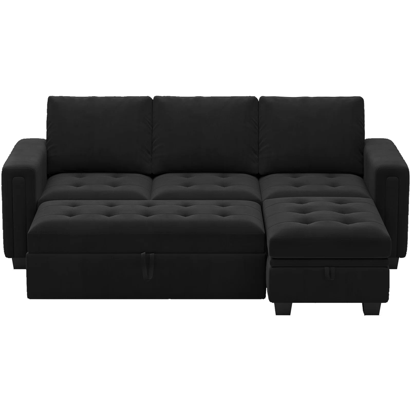 Miro Velvet 3 Seater Pull Out Sofa Cum Bed With Storage Ottoman In Adam Black Colour