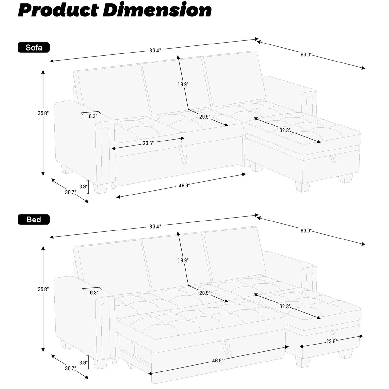 Miro Velvet 3 Seater Pull Out Sofa Cum Bed With Storage Ottoman In Adam Black Colour