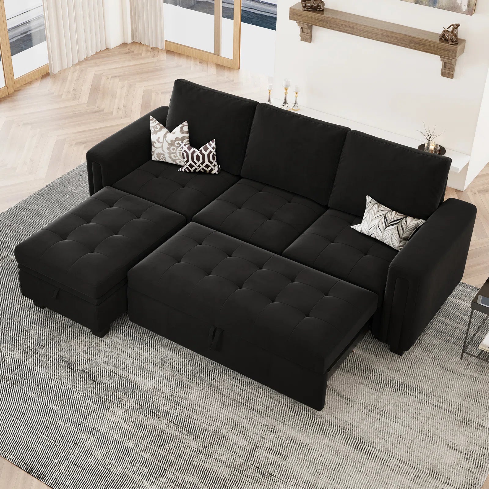 Miro Velvet 3 Seater Pull Out Sofa Cum Bed With Storage Ottoman In Adam Black Colour