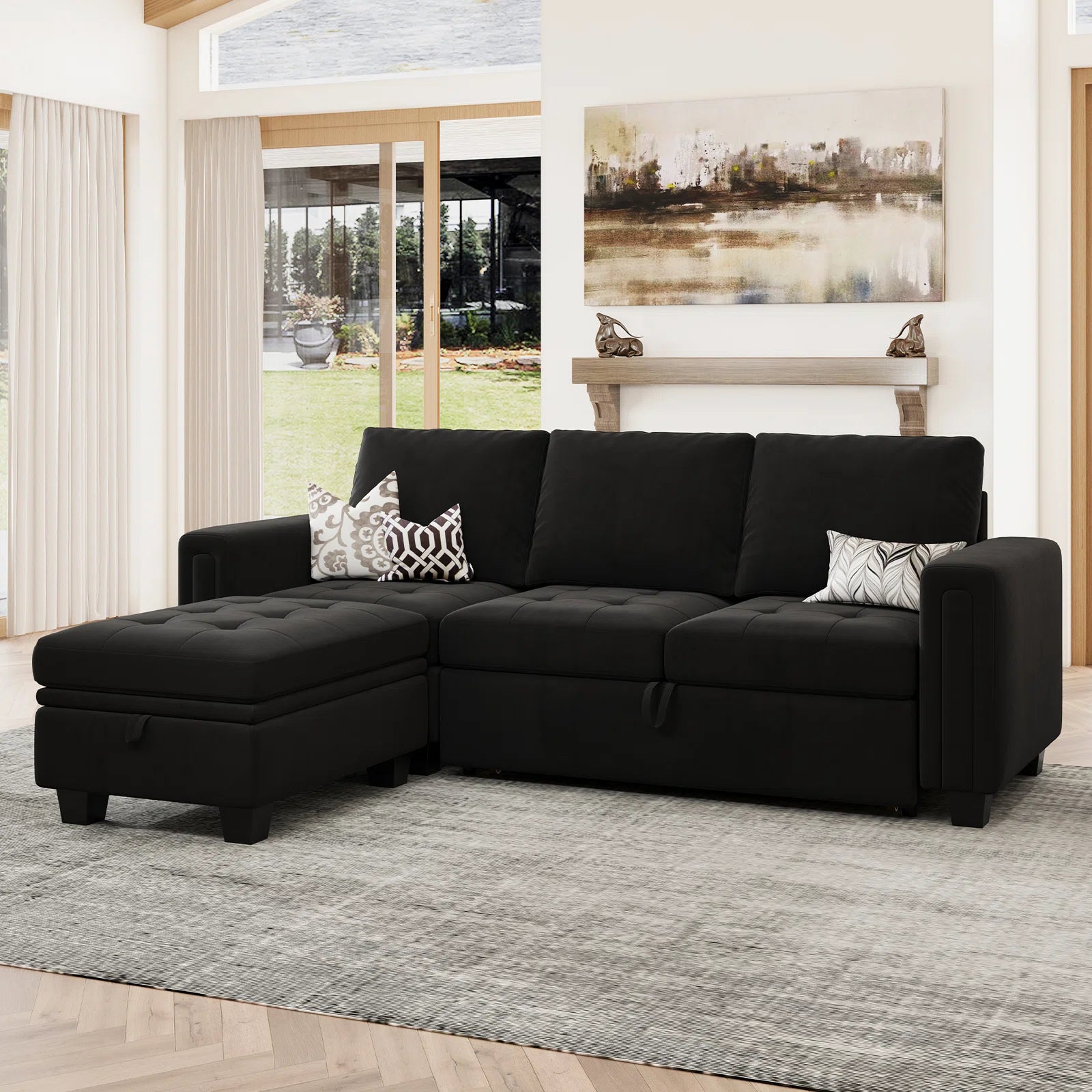 Miro Velvet 3 Seater Pull Out Sofa Cum Bed With Storage Ottoman In Adam Black Colour