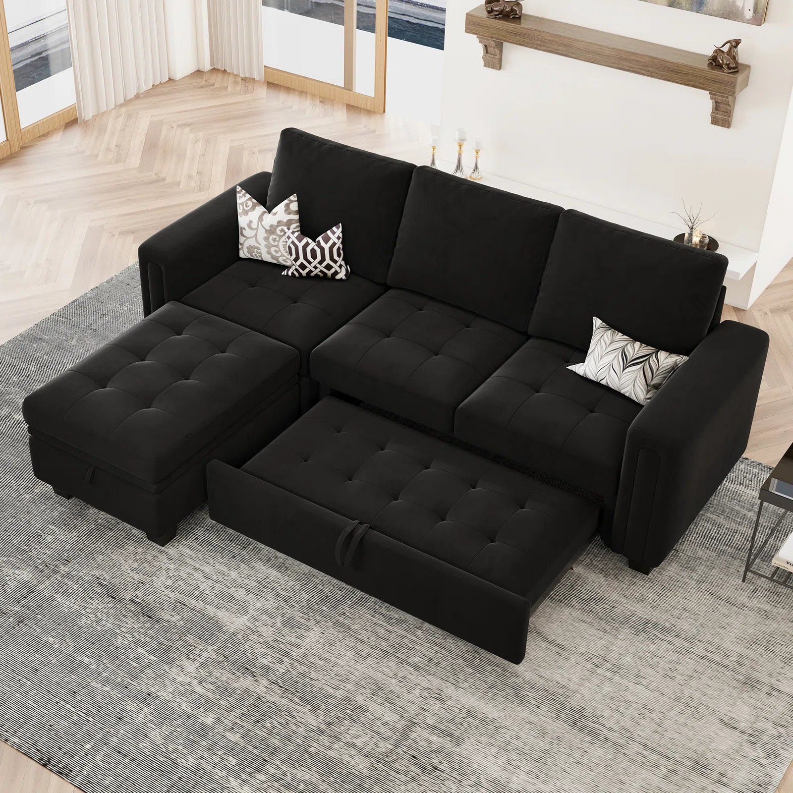 Miro Velvet 3 Seater Pull Out Sofa Cum Bed With Storage Ottoman In Adam Black Colour
