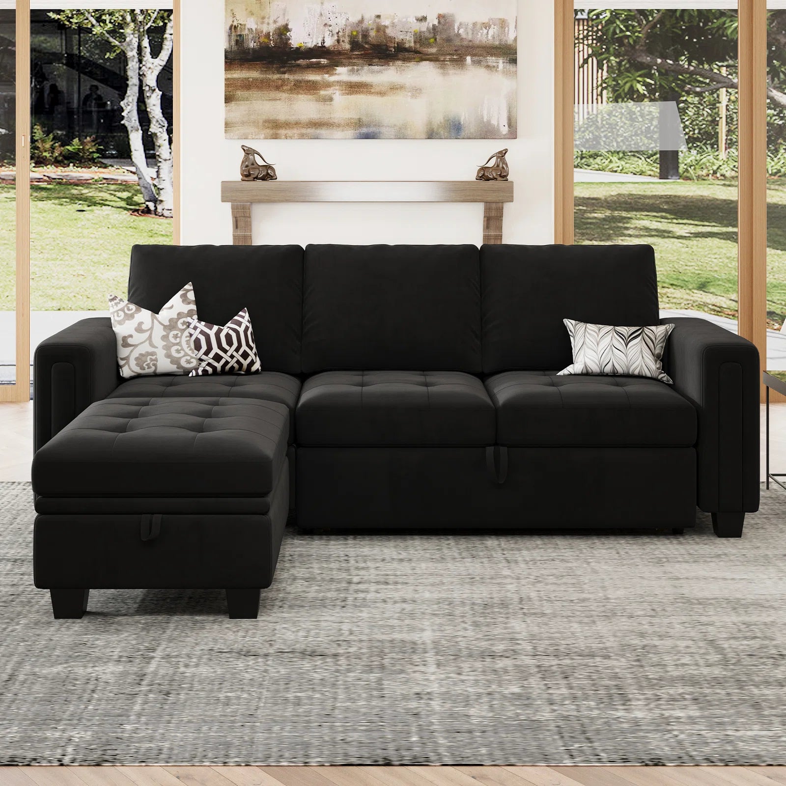 Miro Velvet 3 Seater Pull Out Sofa Cum Bed With Storage Ottoman In Adam Black Colour