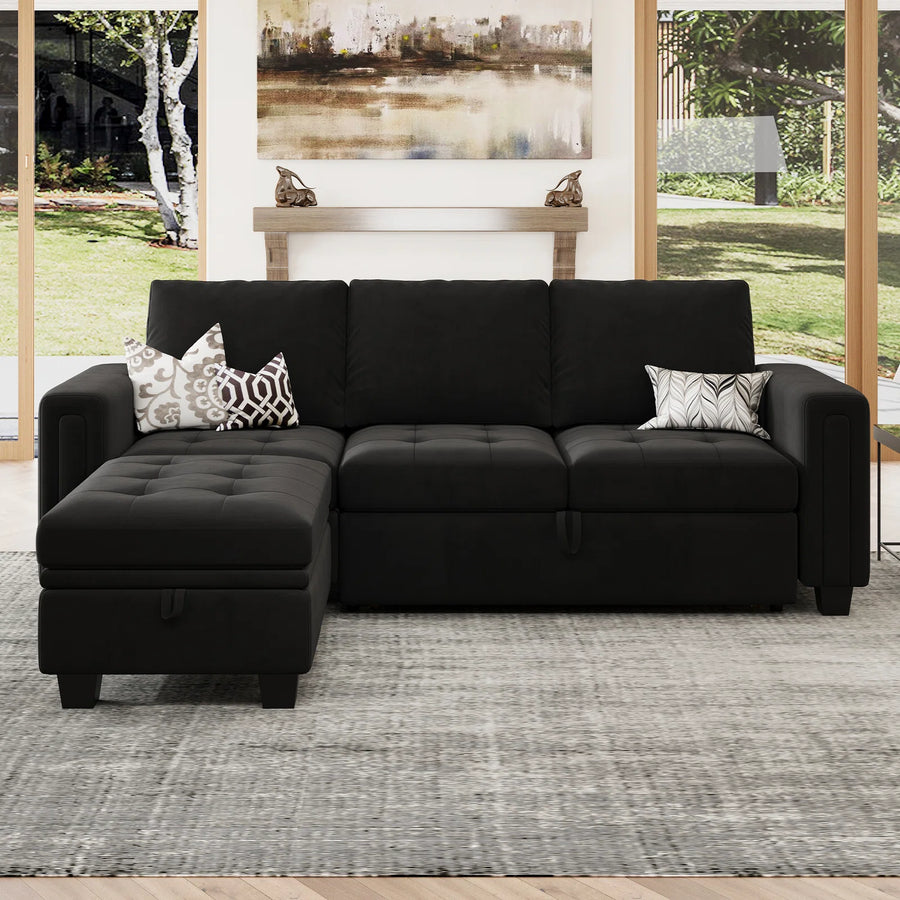 Miro Velvet 3 Seater Pull Out Sofa Cum Bed With Storage Ottoman In Adam Black Colour - Febonic Living