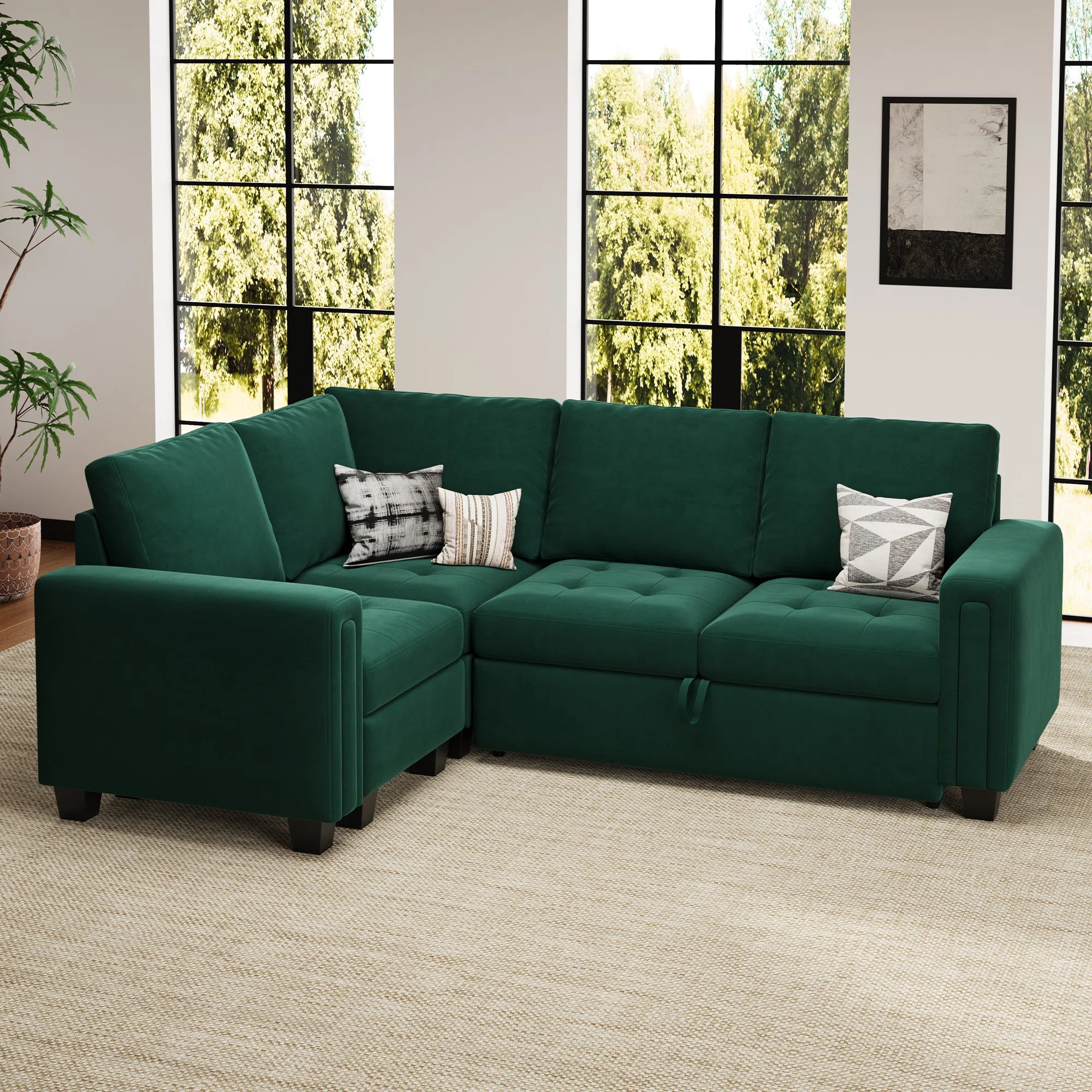 Miro Velvet 4 Seater Pull Out Sofa Cum Bed In Amazon Green Colour