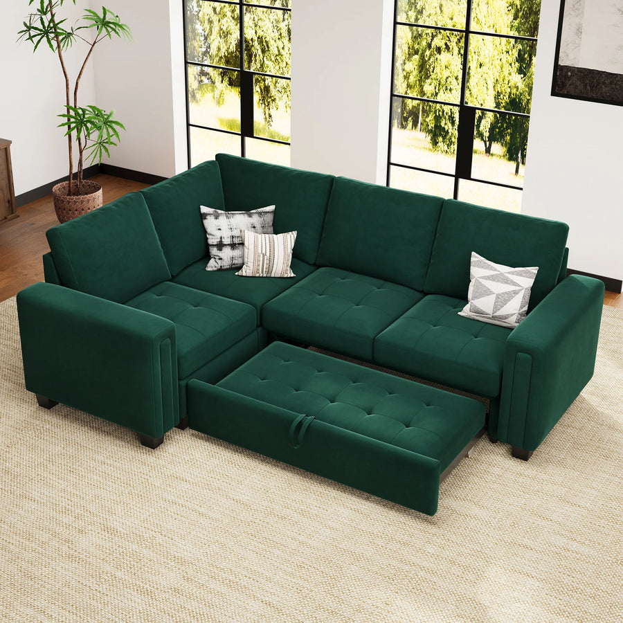 Miro Velvet 4 Seater Pull Out Sofa Cum Bed In Amazon Green Colour - Febonic Living