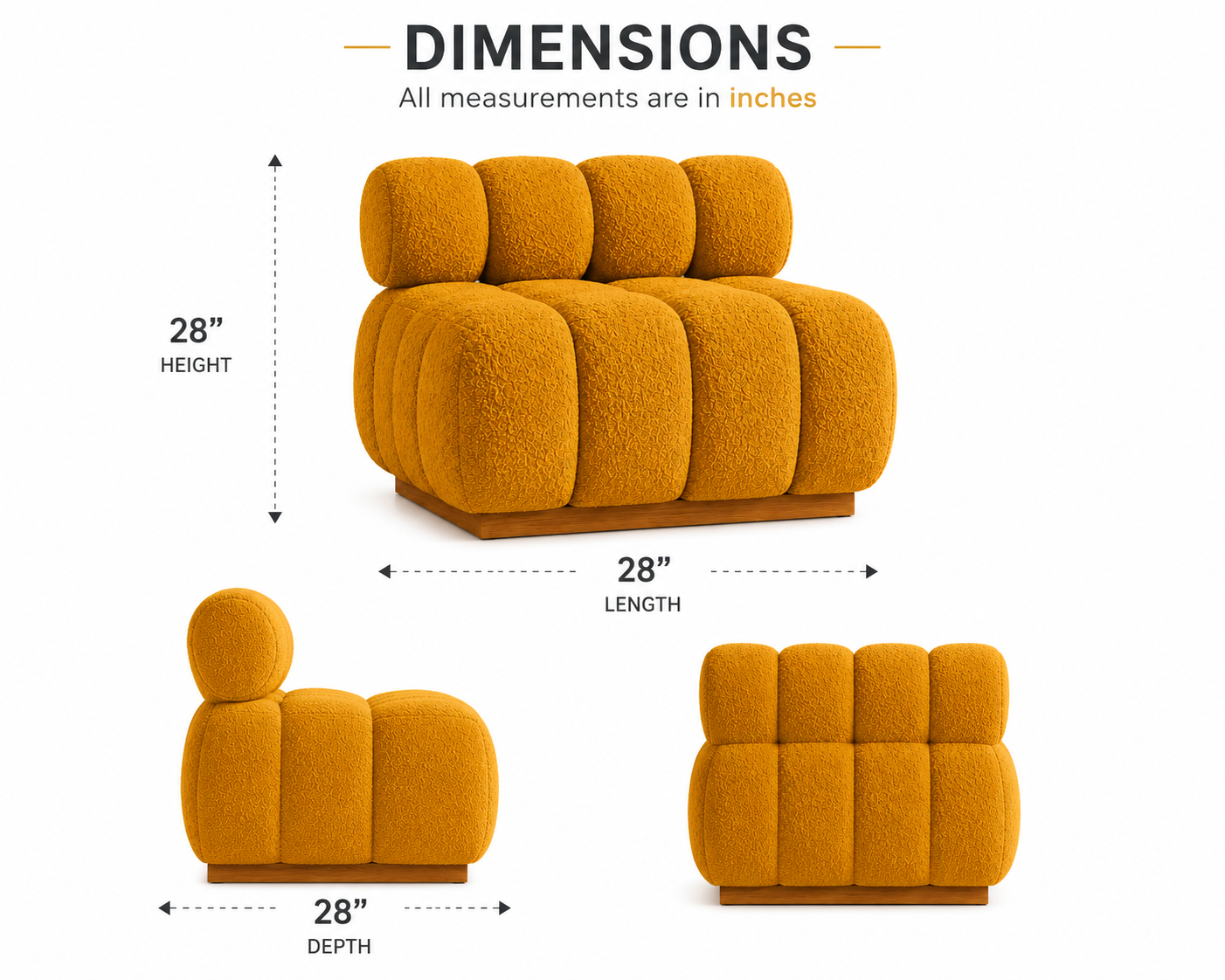 Moduvo Bouclé Accent Lounge Chair with Solid Wood Base - Mustard Yellow - Dimensions by Febonic Living