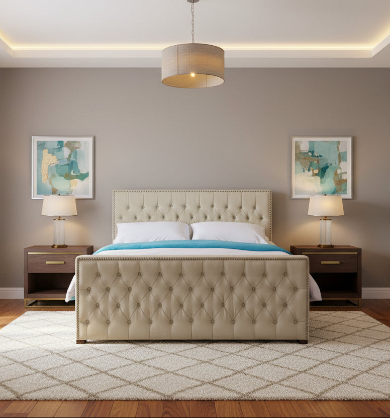 Mogra Fabric Upholstered Queen Size Bed In Ash Grey Colour