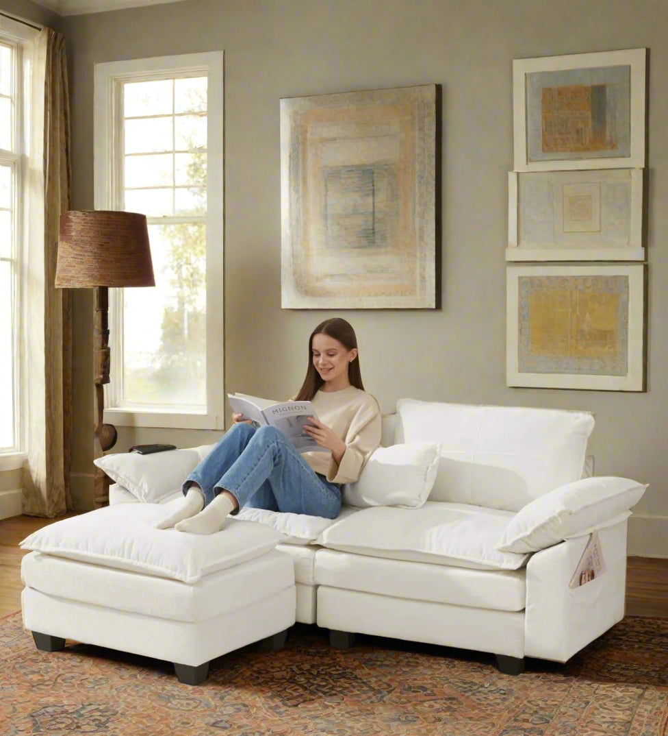 Monet Fabric 2 Seater Sofa In Ivory Cream Colour With Ottoman