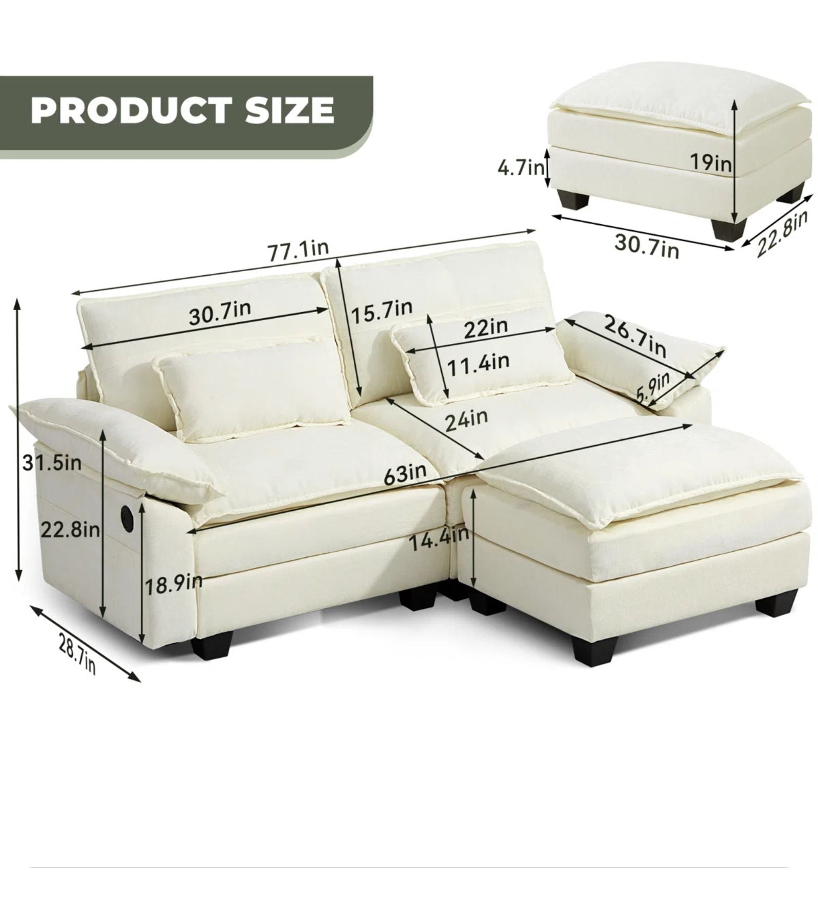 Monet Fabric 2 Seater Sofa In Ivory Cream Colour With Ottoman