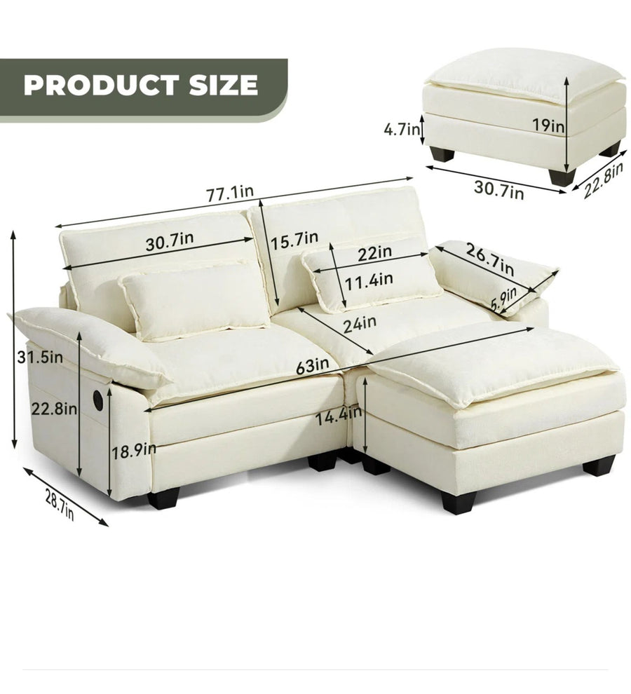 Monet Fabric 2 Seater Sofa In Ivory Cream Colour With Ottoman - Febonic Living