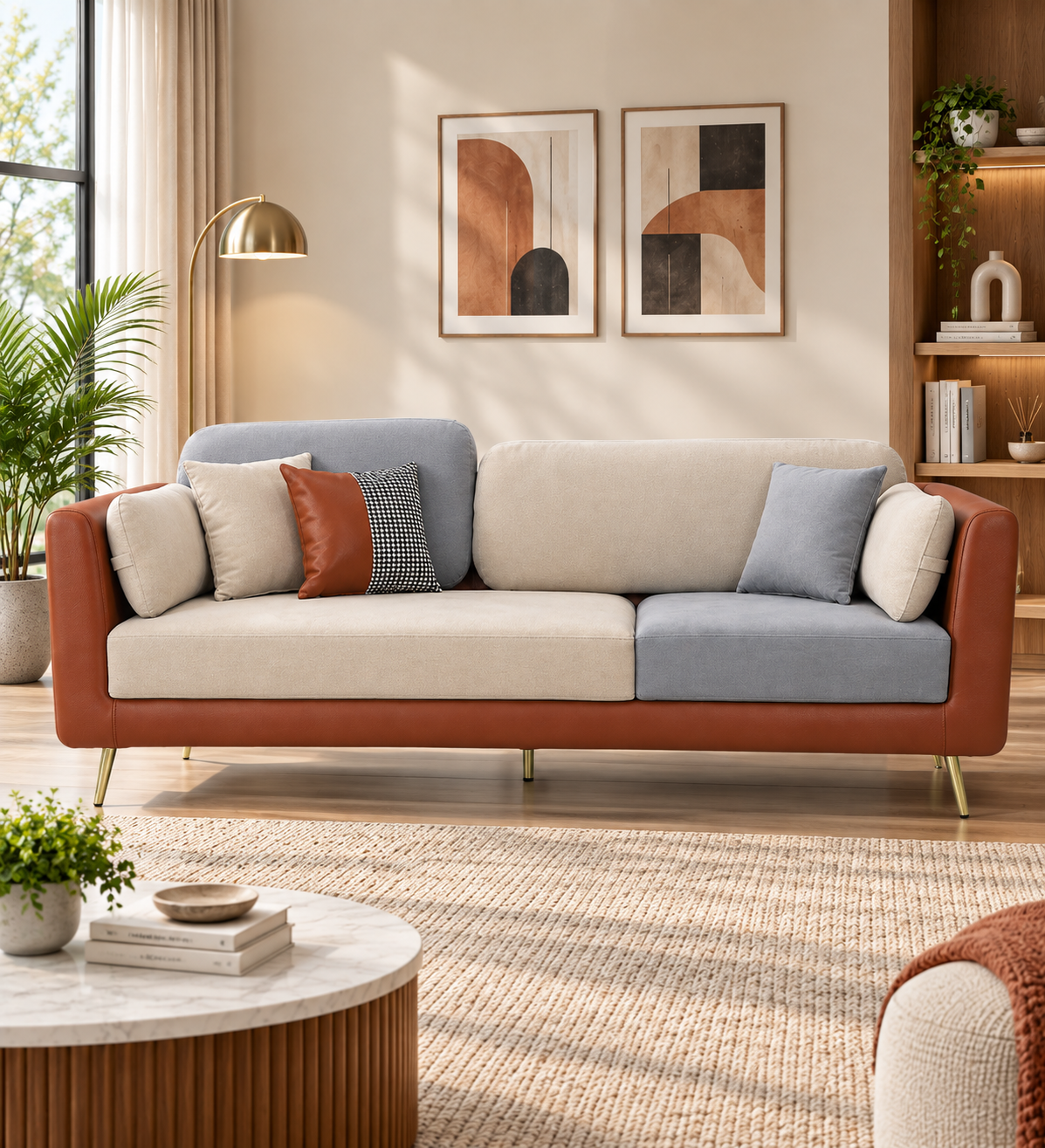 Montez Velvet 3 Seater Sofa - Brown And Beige Colour