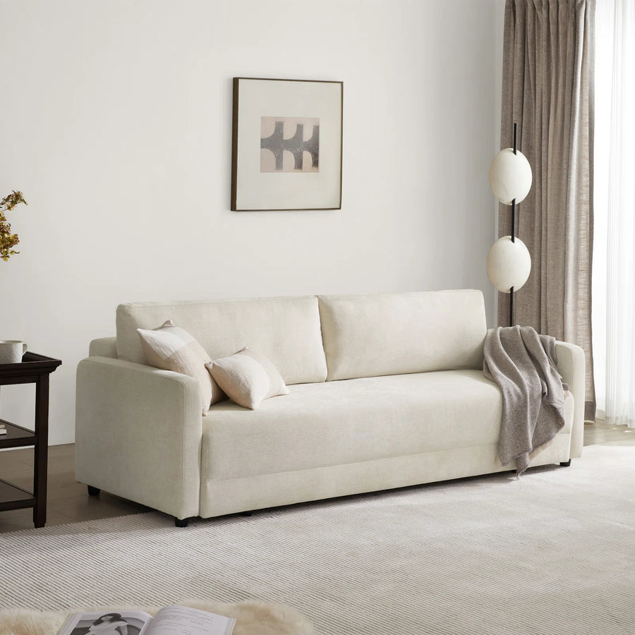 Leora Fabric 3 Seater Convertible Sofa Cum Bed In Ivory Cream Colour - Febonic Living