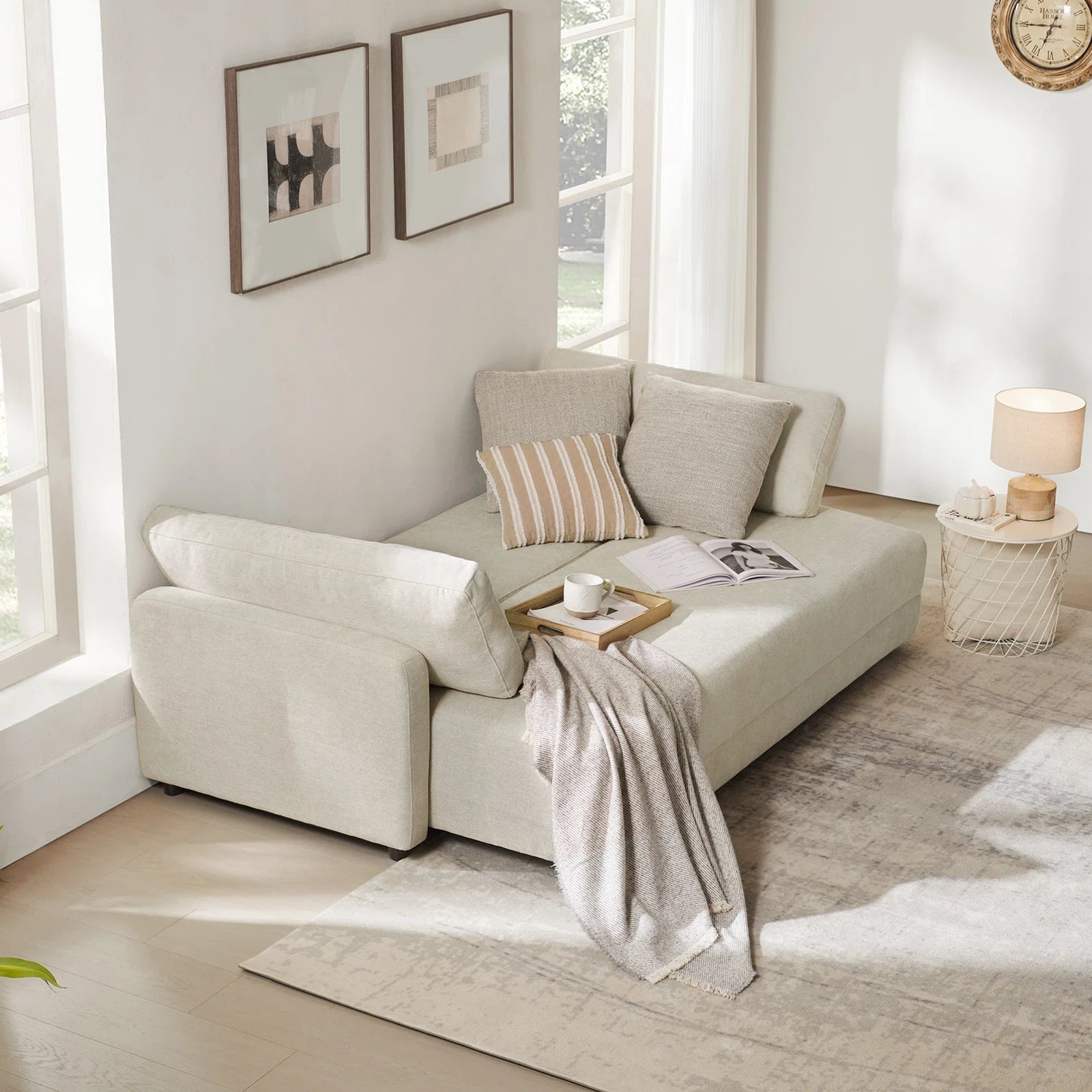 Leora Fabric Convertible Sofa Cum Bed in Ivory Cream Colour