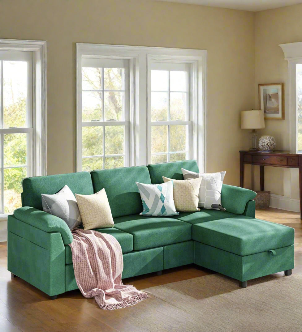 Morni Velvet LHS Sectional Sofa (2+Ottoman Lounger) In Palm Green Colour