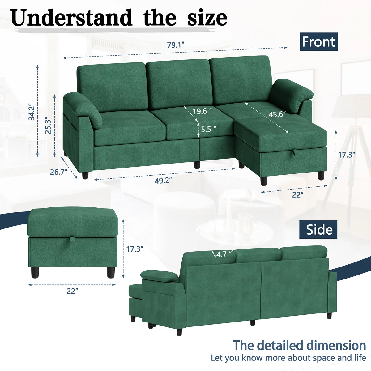 Morni Velvet LHS Sectional Sofa (2+Ottoman Lounger) In Palm Green Colour