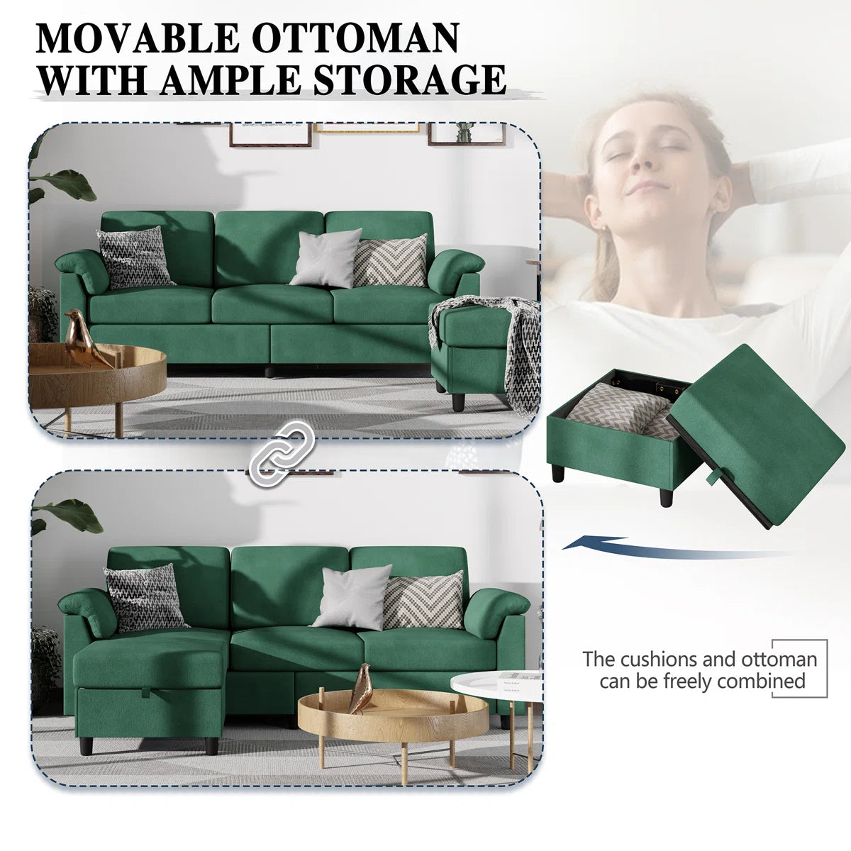 Morni Velvet LHS Sectional Sofa (2+Ottoman Lounger) In Palm Green Colour