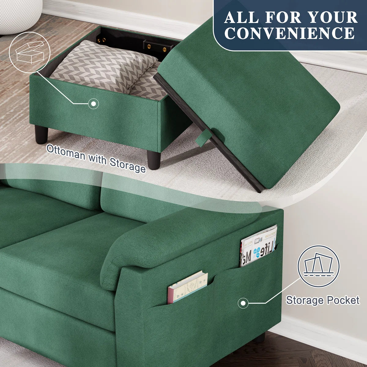 Morni Velvet LHS Sectional Sofa (2+Ottoman Lounger) In Palm Green Colour