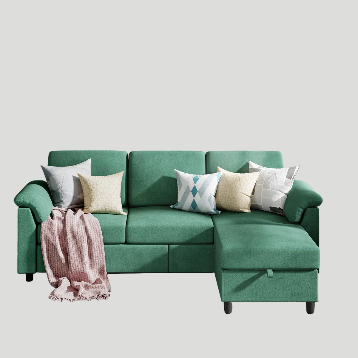 Morni Velvet LHS Sectional Sofa (2+Ottoman Lounger) In Palm Green Colour
