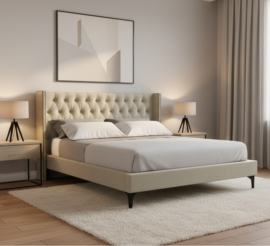 Mosa Fabric Upholstered Queen Size Bed In Ash Grey Colour