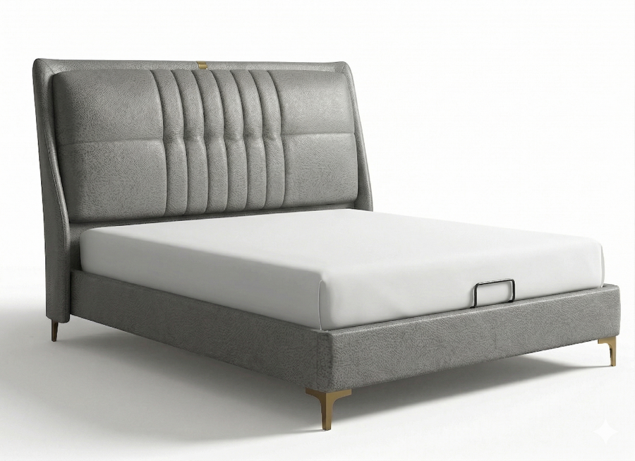 Mosila Upholstered Leatherette Queen Size Bed - Steel Grey (Hydraulic Storage)