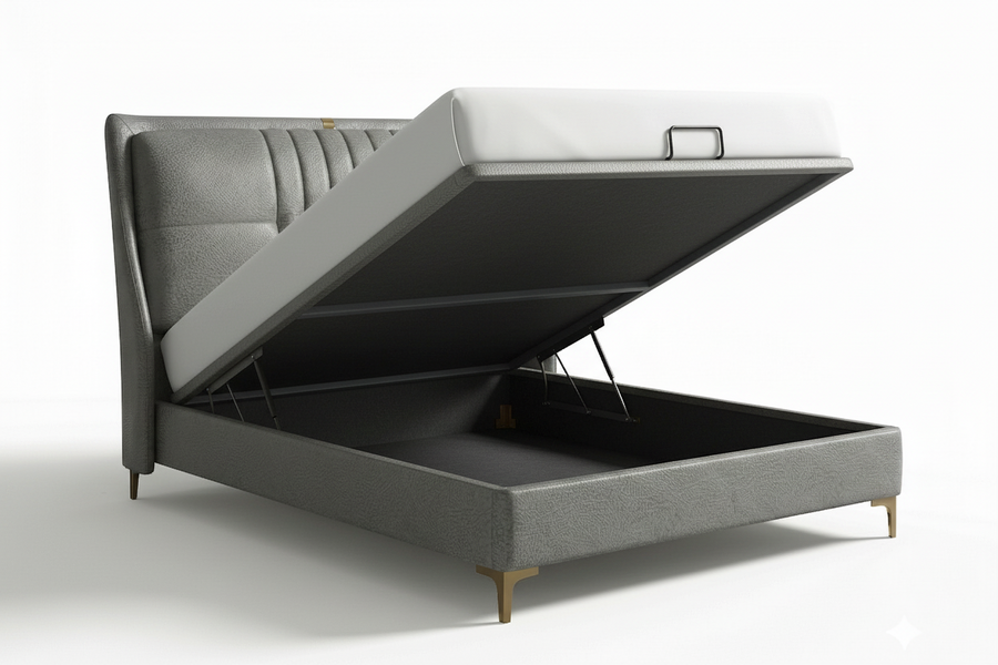 Mosila Upholstered Leatherette Queen Size Bed - Steel Grey (Hydraulic Storage)