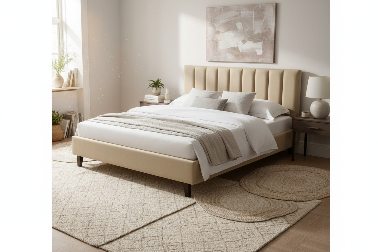 Myron Velvet Upholstered Queen Size Bed In Camel Beige Colour