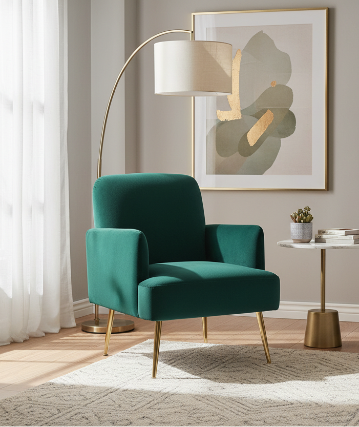 Mysa Velvet Fabric Arm Chair In Forest Green Colour