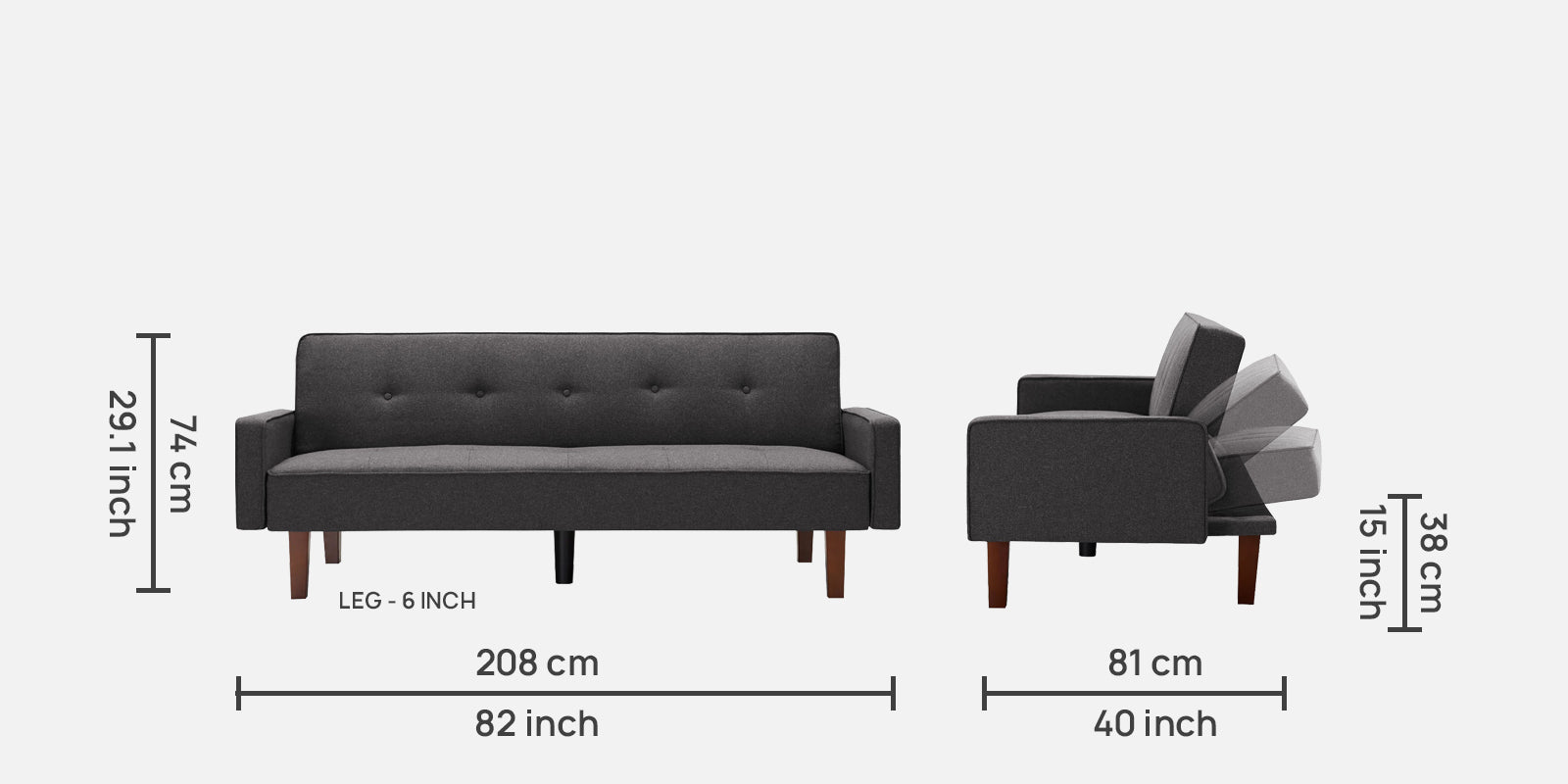 Nebia 3 Seater Convertible Cum Bed Fabric Sofa - Maba Grey dimension - Febonic Living
