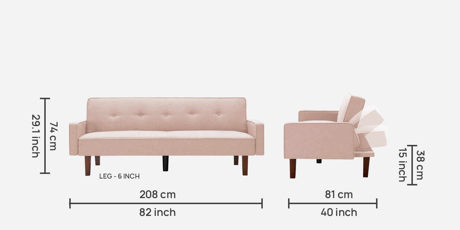 Nebia 3 Seater Convertible Fabric Sofa Cum Bed - Woom Beige Dimension - Febonic Living