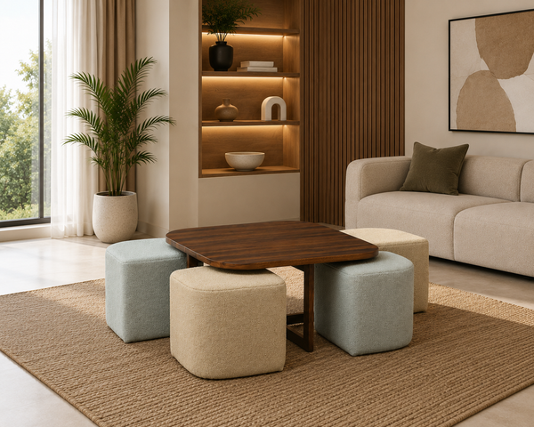 NestPro Sheesham Coffee Table Set with 4 Upholstered Stools - Mist Blue & Ivory Cream