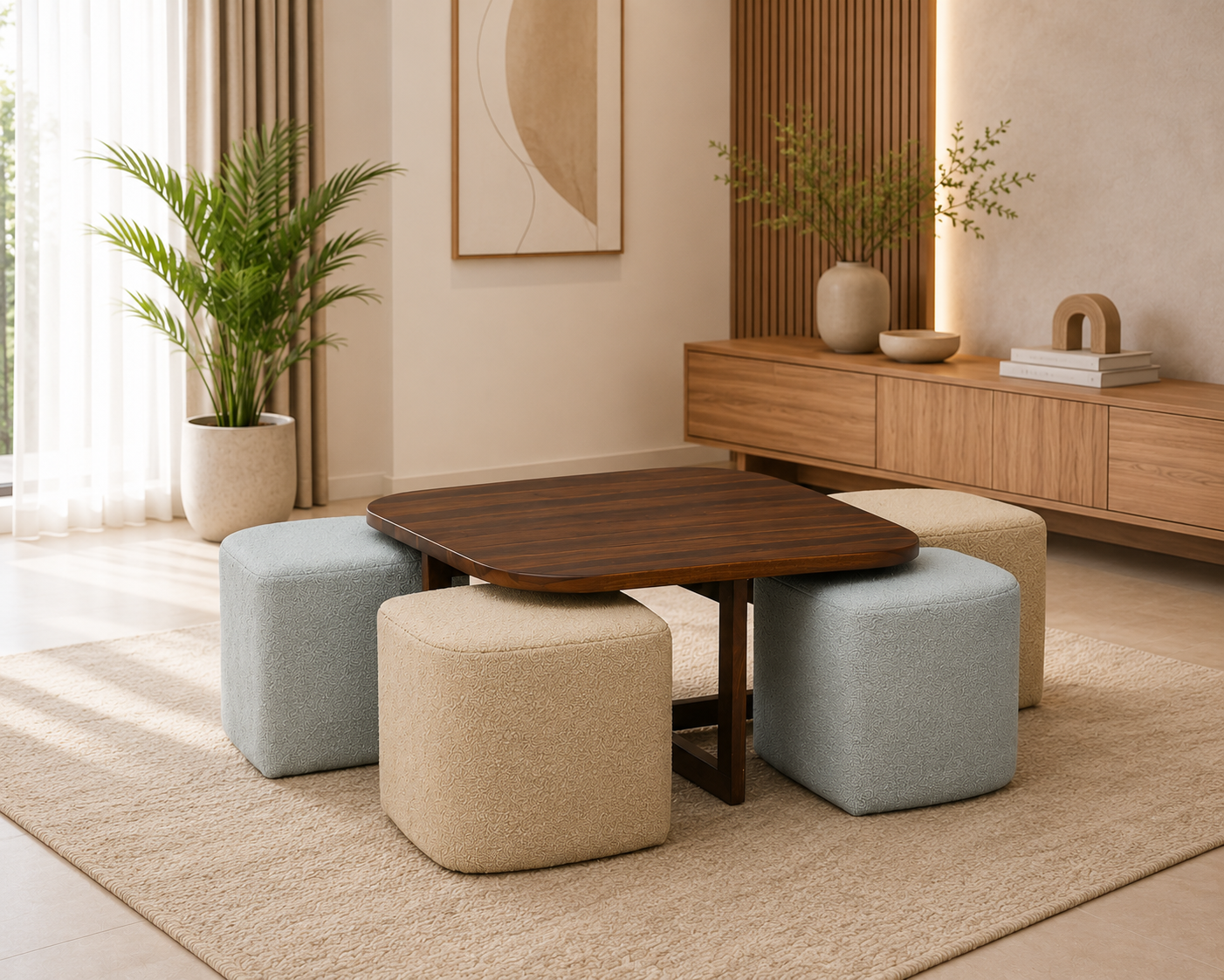 NestPro Sheesham Coffee Table Set with 4 Upholstered Stools - Mist Blue & Ivory Cream - Living View 1 by Febonic Living