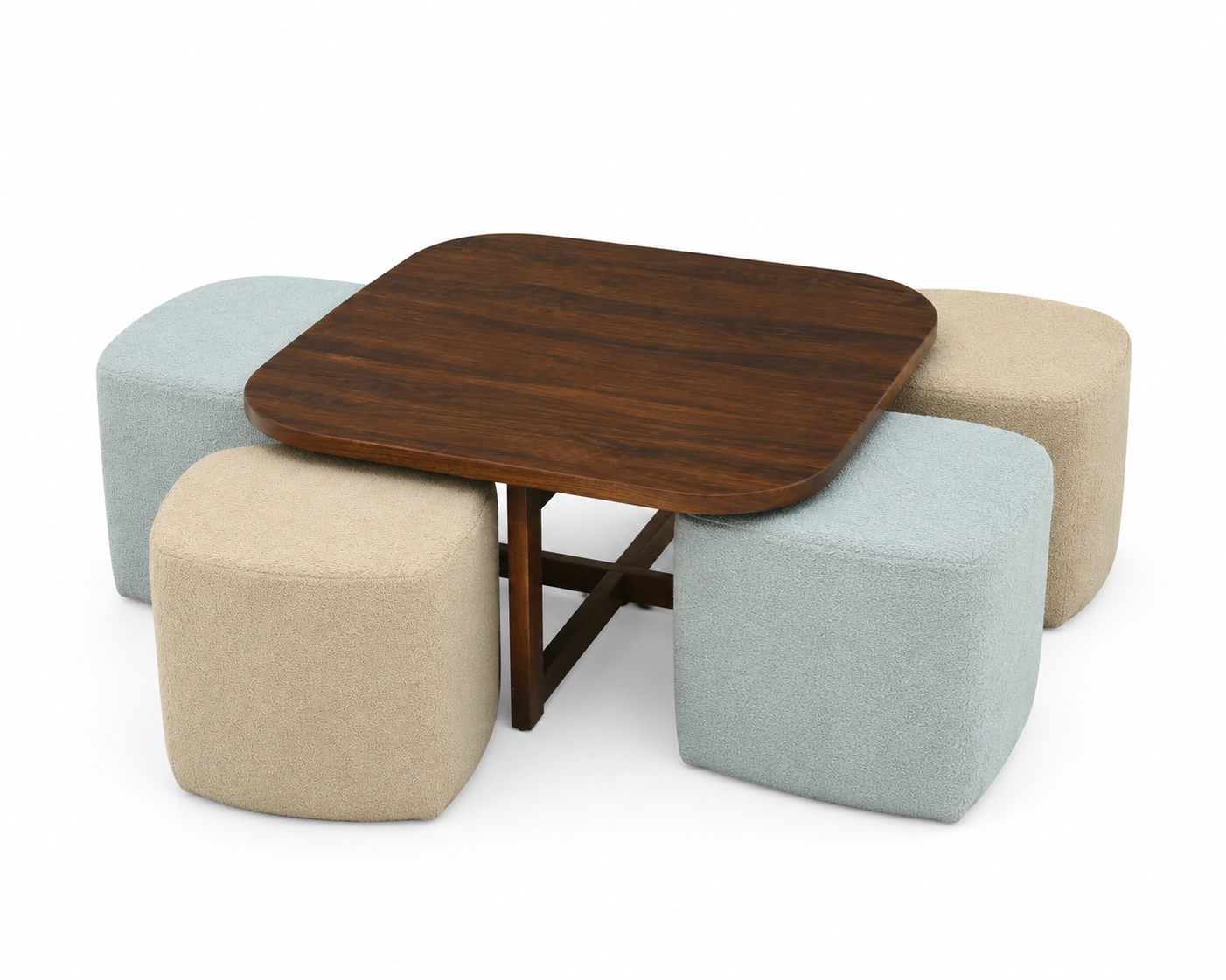 NestPro Sheesham Coffee Table Set with 4 Upholstered Stools - Mist Blue & Ivory Cream -  Clear View by Febonic Living