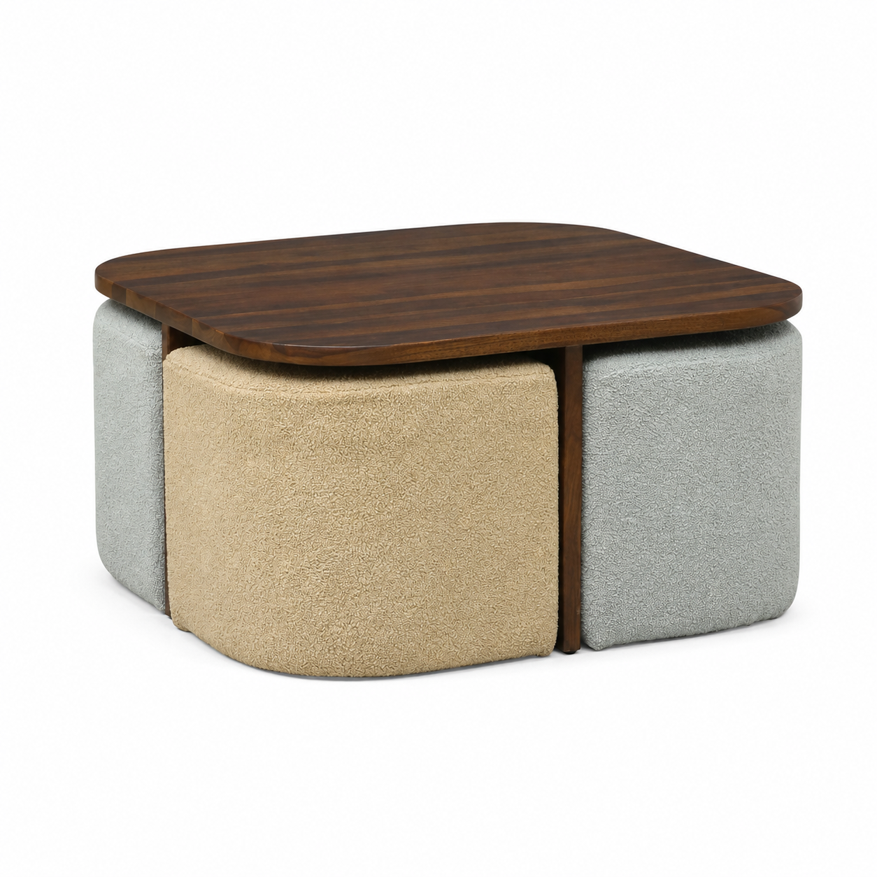 NestPro Sheesham Coffee Table Set with 4 Upholstered Stools - Mist Blue & Ivory Cream - Closed View by Febonic Living