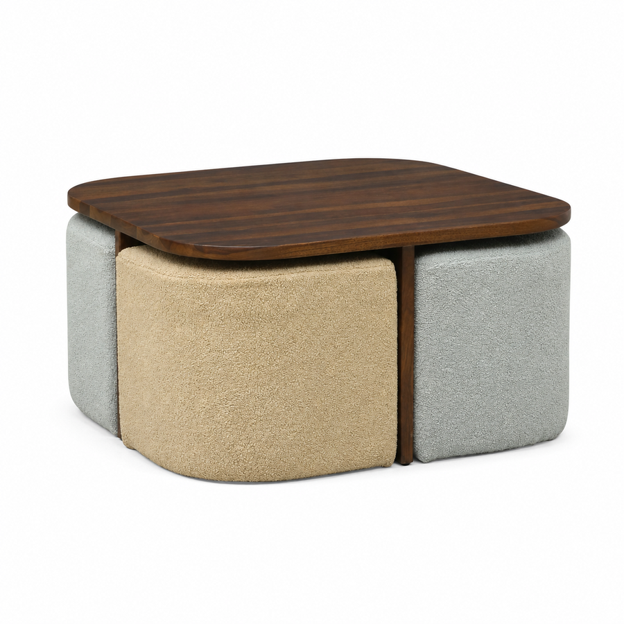 NestPro Sheesham Coffee Table Set with 4 Upholstered Stools - Mist Blue & Ivory Cream - Closed View by Febonic Living