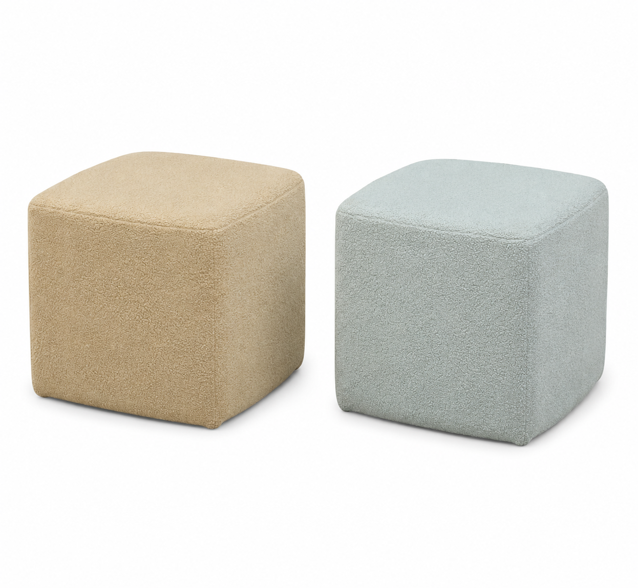 NestPro Sheesham Coffee Table Set with 4 Upholstered Stools - Mist Blue & Ivory Cream - Ottoman View by Febonic Living