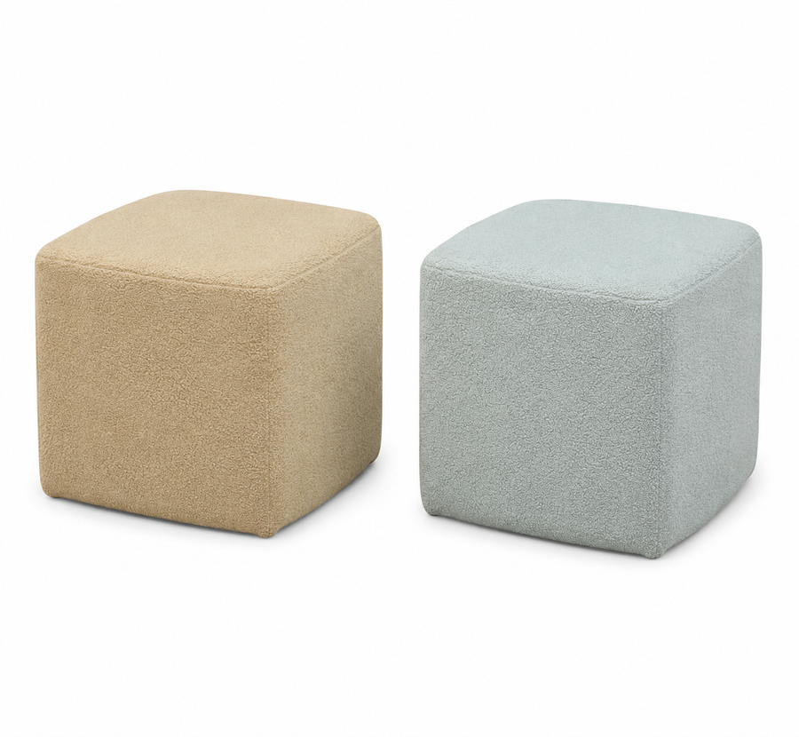 NestPro Sheesham Coffee Table Set with 4 Upholstered Stools - Mist Blue & Ivory Cream - Ottoman View by Febonic Living