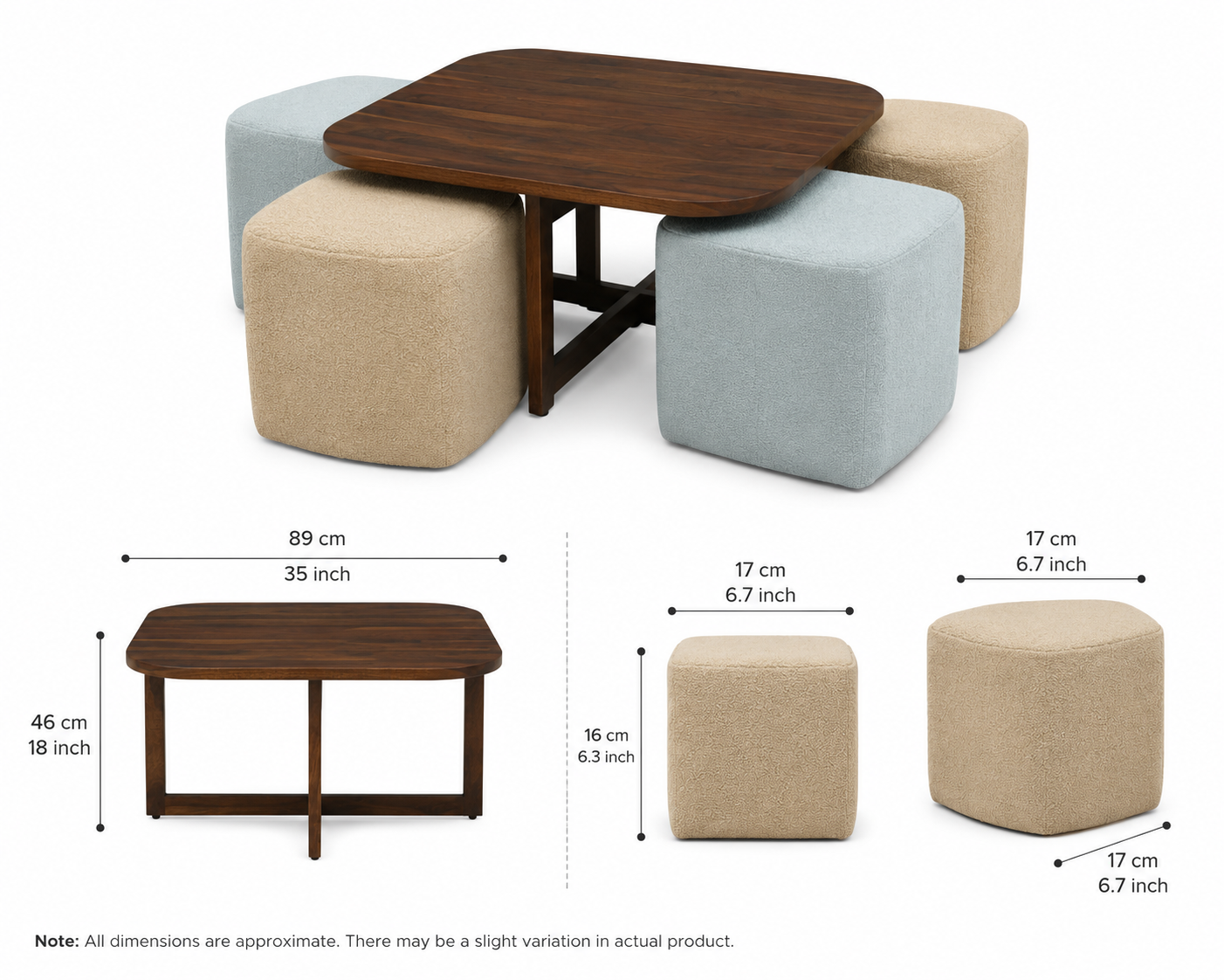 NestPro Sheesham Coffee Table Set with 4 Upholstered Stools - Mist Blue & Ivory Cream - Dimensions by Febonic Living