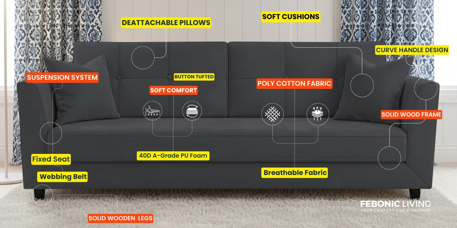 Nestin Velvet 3 Seater Sofa In Azura Blue Colour - Febonic Living