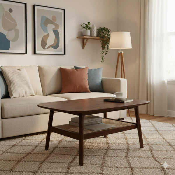 Nestique  Sheesham Wood Coffee Table with Rattan Shelf In Provincial Teak Finish
