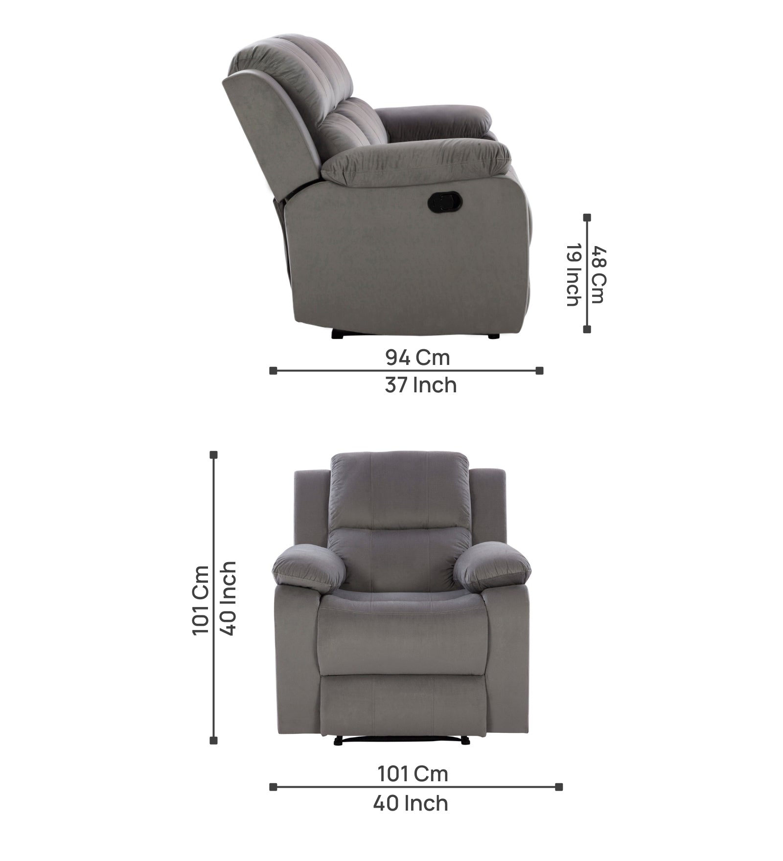 Newton 1 Seater Motorized Velvet Recliner - Concrete Grey - Dimensions by Febonic Living