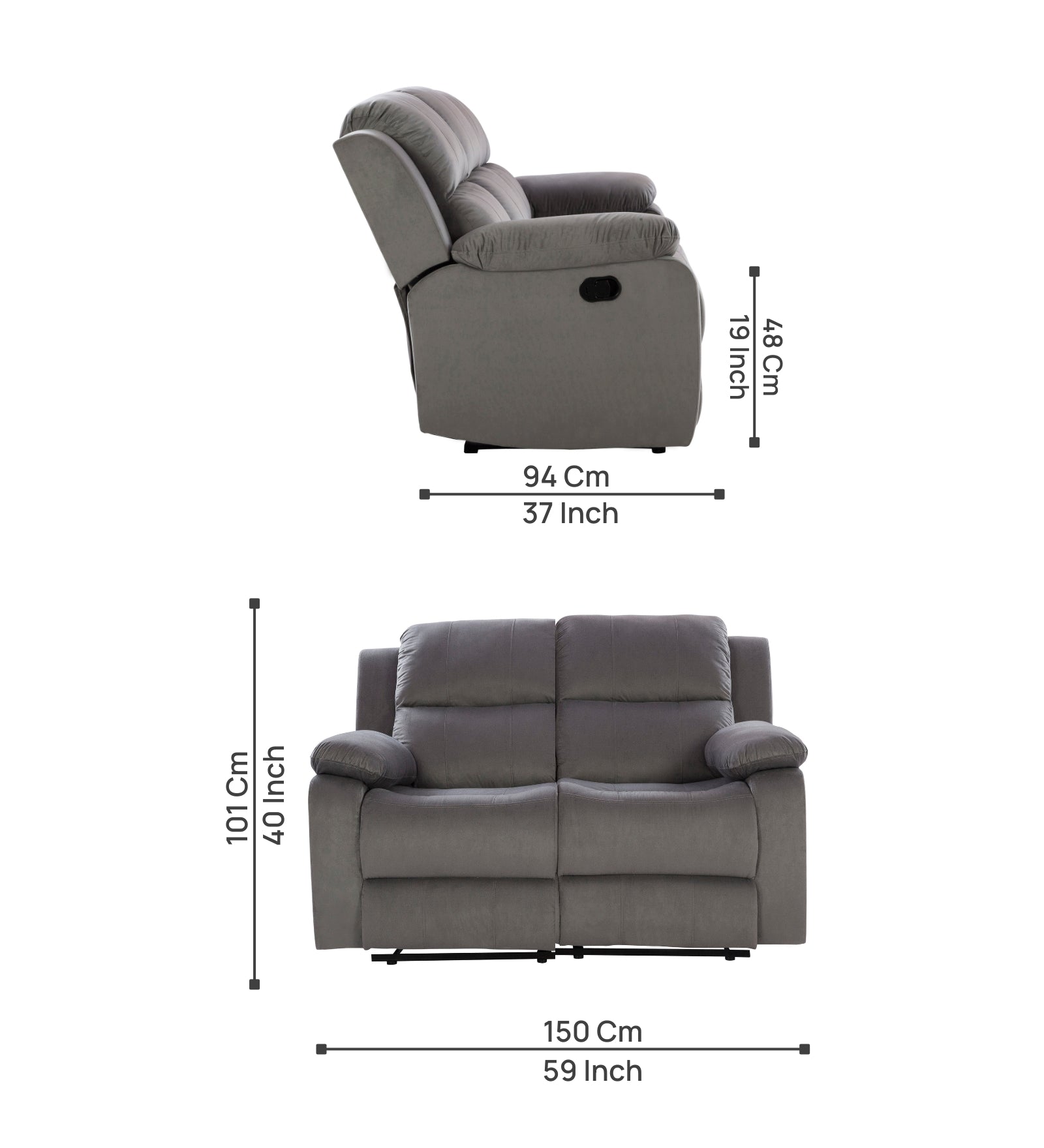 Newton 2 Seater Motorized Velvet Recliner - Concrete Grey - Dimensions by Febonic Living