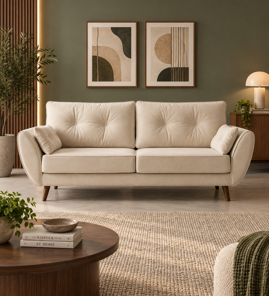 Nikolas 3 Seater Velvet Sofa - Warm White