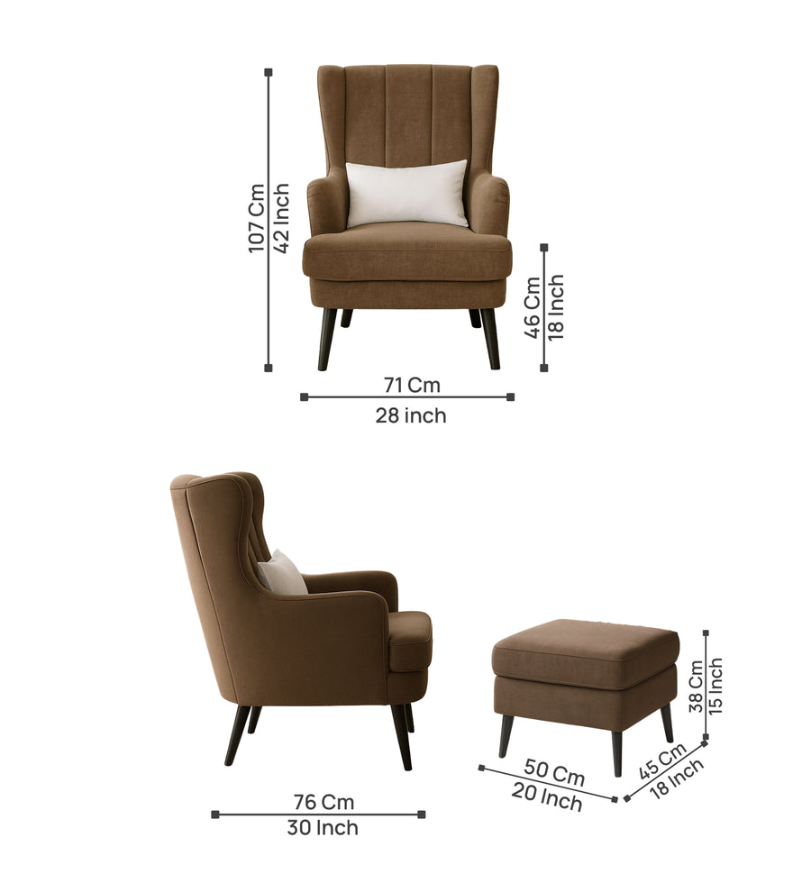 Niya Velvet Wing Chair In Mocha Mouse Colour With Ottoman - Febonic Living