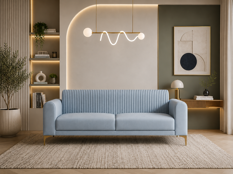 Nordic Curve 3 Seater Fabric Sofa - Luxe Ocean Blue - Living View by Febonic Living