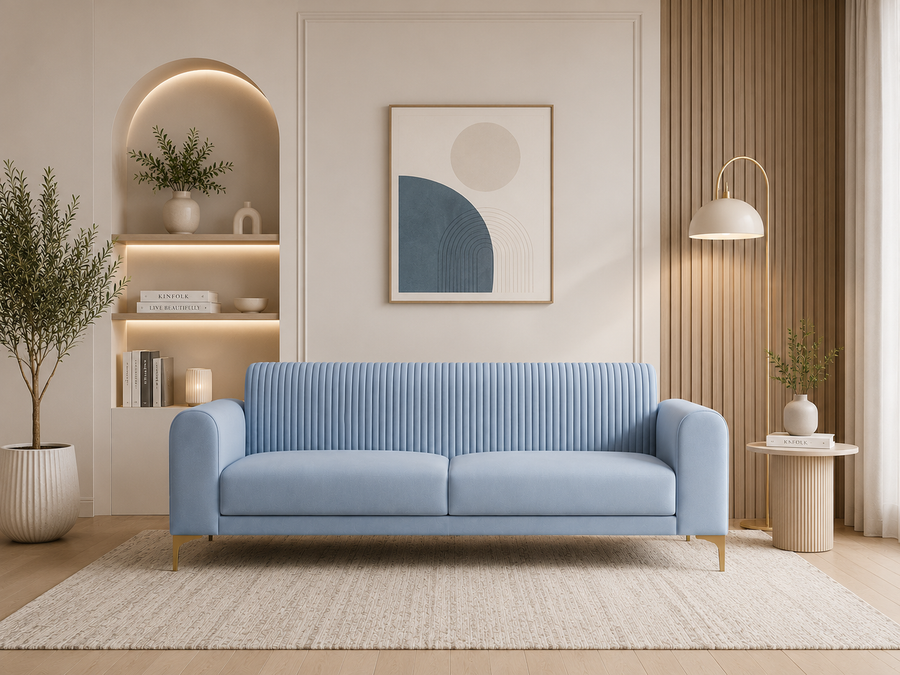 Nordic Curve 3 Seater Fabric Sofa - Luxe Ocean Blue - Living View 1 by Febonic Living