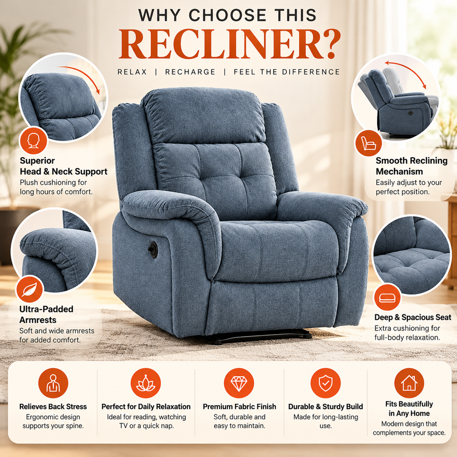A blue upholstered recliner chair centered on a beige interior background, surrounded by callout circles with feature callouts such as superior head and neck support, smooth reclining mechanism, ultra-padded armrests, and deep spacious seat. Large headline text reads 'WHY CHOOSE THIS RECLINER?'.